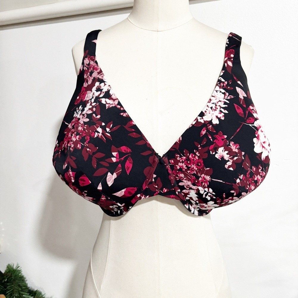 Ambrielle Black Pink Floral Full Coverage Underwire Bra Wide Straps 42G
